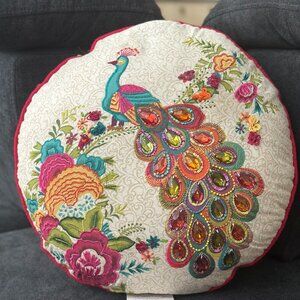 USED Pier 1 Imports Peacock Cushion Embroidered with MultiColor design